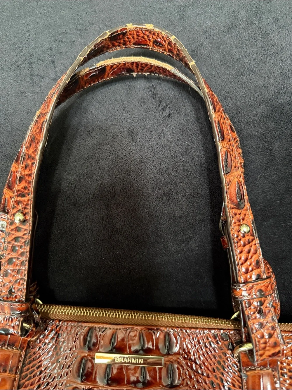 Brahmin Croc-Embossed Satchel in Cognac Brown